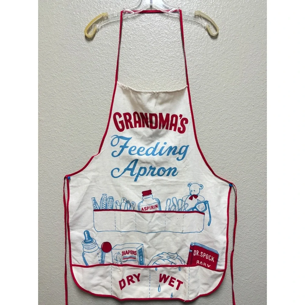 Vintage Grandmas Feeding Apron Novelty Baby Shower Gag Gift White Red Blue